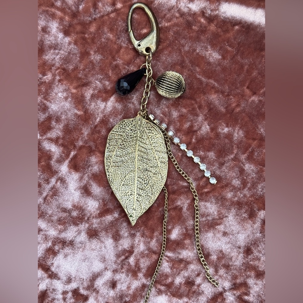 Aldo Brass, Gold Leaf  and Crystal Keychain Bag Charm or Festival Accessory
